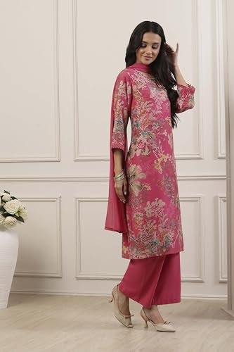 BIBA Women Pink Cotton Blend Straight Suit Set_32