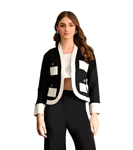 OFFICE PURPLE Women's Crepe Fabric Blazer | Textured Formal Jacket | Two-Tone Office Wear Coat | Stylish Women's Jacket for Office, Party, and Casual Wear (Black, L)