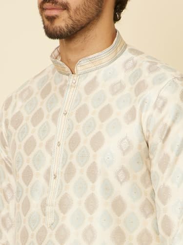 Manyavar Mens Cream Brocade Printed Kurta Pyjama Set