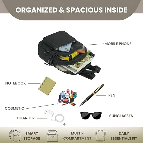 12o12 Women’s Stylish Lightweight Backpack for Daily Use, Travel, Work | Multi-Compartment Water-Resistant Daypack Bag, Anti-Theft Storage Back Pocket (26 (L) X 37 (H) X 14 (W) CM) (Black)