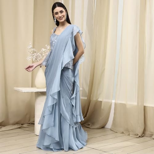 Biba Women Ice Blue Peplum Pre-Draped Saree_36