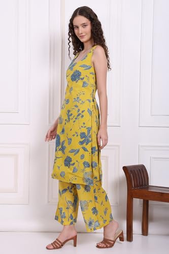 W for Woman Yellow Bold Floral Printed Pure Cotton Straight Kurta, Parallel Pants and Dupatta Set (Size: 2XL)-WS12904-125908