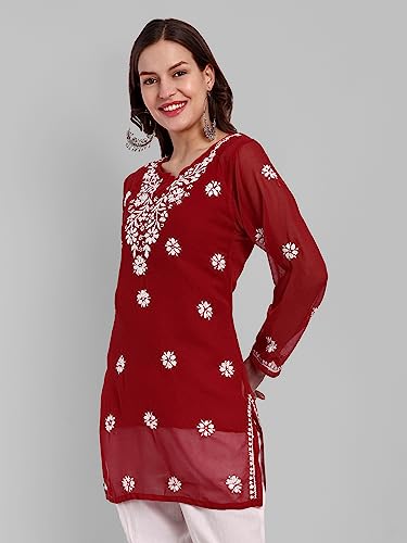 Ada Hand Embroidered Lucknow Chikankari Red Georgette Short Top Tunic Kurti for Women A911354 (3XL)