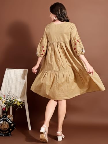 Womanista Women's Beige Cotton with All Over Embroidery V-Neck Tiered Ethnic Dress Knee Length (ETHNICDRESS_106 M)