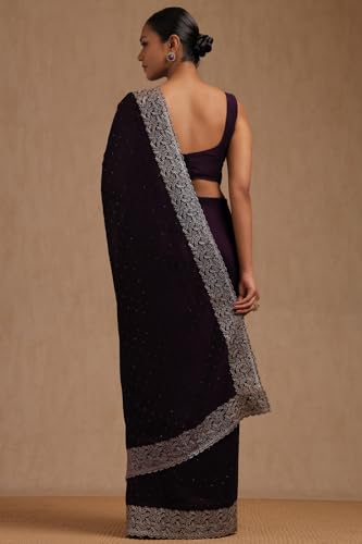 Soch Womens Purple Fendy Chiffon Embellished Saree With Stone Work