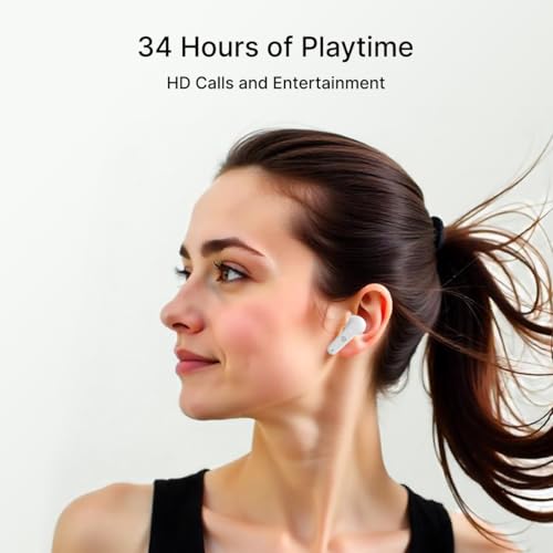 pTron Bassbuds Astra in-Ear TWS Earbuds w/Stereo Sound, 34Hrs Playtime, Stereo Calls, Custom EQ, Mobile App, BTv5.3 Headphones, Touch Control, Voice Assistant, Type C Charging & IPX4 (White)