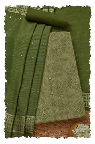 Soch Womens Olive Chanderi Ethnic Motifs Unstitched Dress Material With Zari Woven
