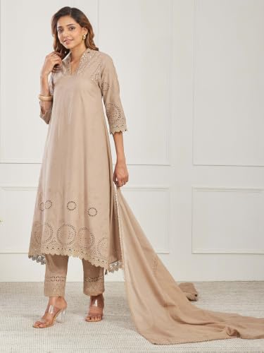 BIBA Embroidered Cotton Asymmetric Casual Kurta With Palazzo And Dupatta