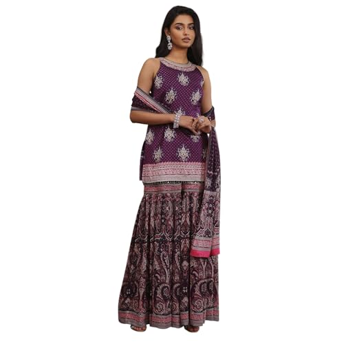 BIBA Women Purple Chanderi Digital Printed Garara Straight Suit Set_36