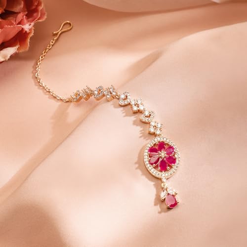 Rubans 18K Rose Gold Plated Pink & White Zircon Studded Handcrafted Maang Tikka for Women & Girls Oval Shaped Centerpiece, Perfect for Any Occasion