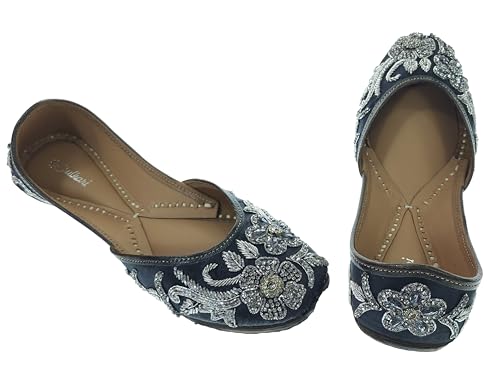 Fulkari Women Poppy Gunmetal Silver Soft Leather Embroidered Jutis | Bite and Pinch Free Jutti | Punjabi Formal Juttis | Girl's Wedding Flat Ladies Mojari | Formal Ethnic Juti | 41