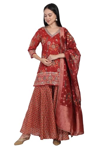 W for Woman Red Floral Printed Embroidered Straight Jacquard Kurta with Sharara and Dupatta Set (WS13290-126813-M)