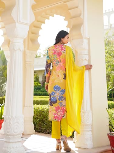 Vaamsi Women's Cotton Blend Floral Straight Printed Kurta Pant With Dupatta (PKSKD2492_M_Yellow)
