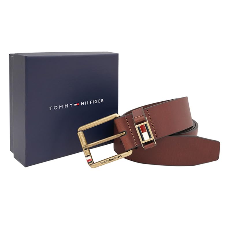 Tommy Hilfiger Men's Leather Belt Glace - Tan | Brushed Brass Buckle | Leather Belt For Any Occasion | Size - S (80Cm)