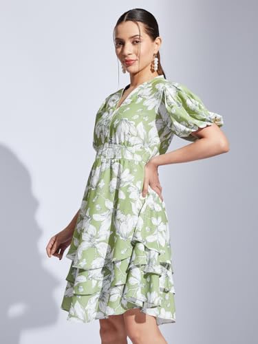 Latin Quarters Women Green V-Neck Half Sleeves Printed A-Line Dress for Casual Wear