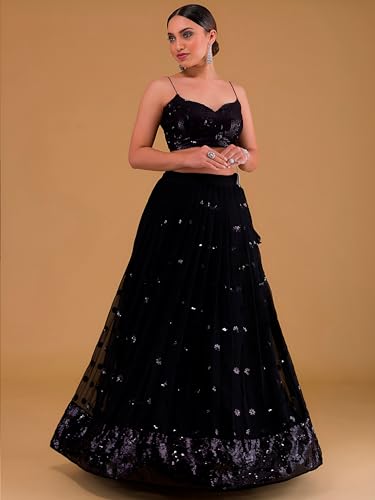 Zeel Clothing Womens Georgette Lehenga Choli Semi-Stitched Black Wedding Girlish Latest Free Size