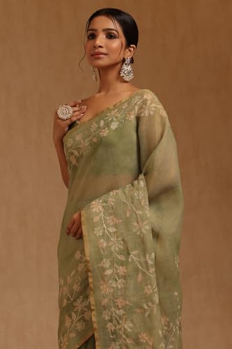 Soch Womens Light Olive Linen Floral Printed Saree With Zari