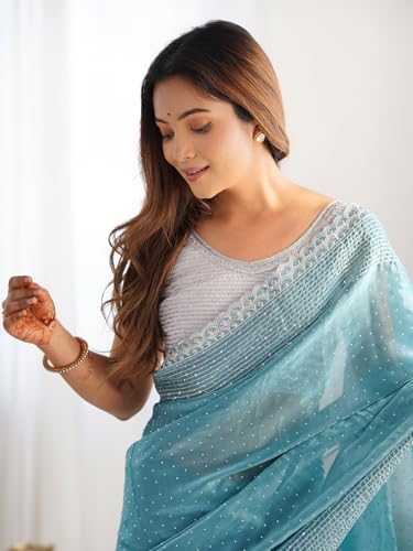 SAREE MALL Women's Turquoise Organza Embellished Saree With Unstitched Blouse (KESARI12601_KR)