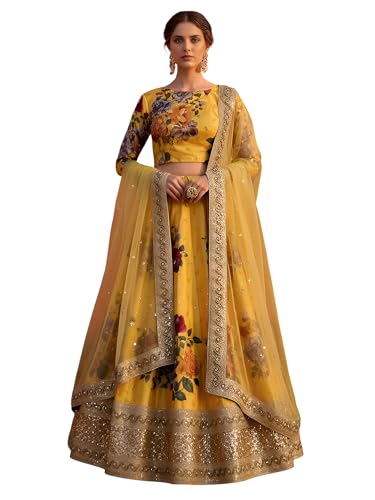 Zeel Clothing Women's Floral Print, Zari and Sequins Embroidered Work Banglori Silk Semi-Stitched Lehenga Choli With Dupatta (7507-Yellow-Wedding-Lehenga-Choli, Free size) (Yellow)