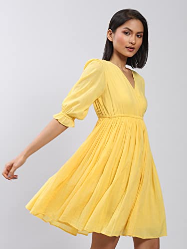 Label RITU KUMAR V Neck 3/4 Sleeves Solid Short Dress Yellow