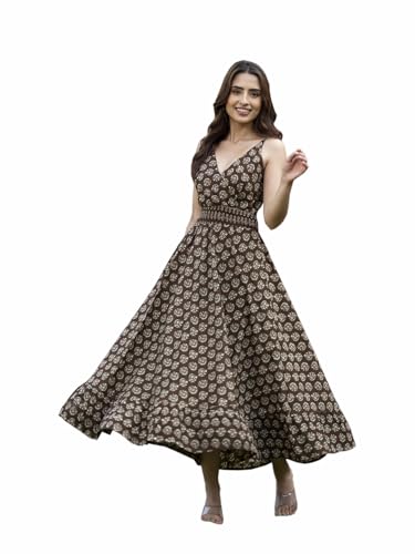 Divena Brown Floral Print Pure Cotton Fit & Flare Dress