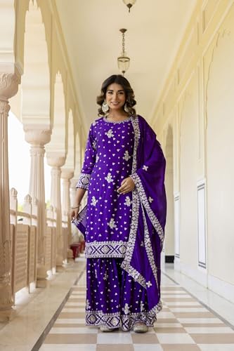 Leeli Peeri Designer Women's Chinon Embroidery Work Kurta Sharara Set With Dupatta