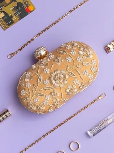 THE TAN CLAN Hand Embroidered Luxury Clutch Purse for Women | Evening Hand Clutch Bag | Ladies Party Wedding Purse with Chain Strap | Ethnic Woman Handbag Gift for Birthday, Anniversary, Gold