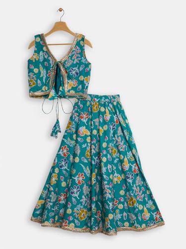 studio rasa Girls Cotton Printed Embellished Bias Lehenga Set for Festive Wedding Party(GLC62502/13-14_Green_13-14 Y)