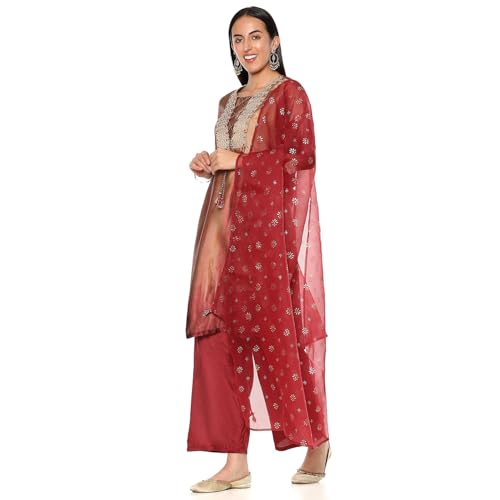 Rangriti Women's Gold Crepe Georgette Straight Printed Kurta Palazzo Suit Set_42
