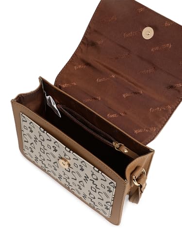 Fastrack Printed PU Structured Sling Bag for Women, Ladies and Girls | Sling Bag with Doodle Print and Button Closure Tan
