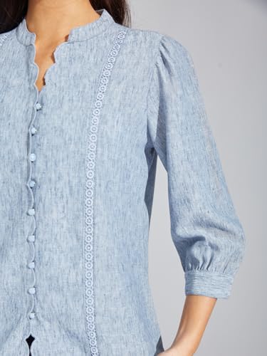 Latin Quarters Women Blue Solid Shirt with Mandarin Collar & Full Sleeves | 100% Polyester Regular Fit Button-Down Top for Casual Wear