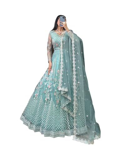 JULEE Women's Net Embroidered Semi-Stitched Gown Plus Gown Mint-GEM-01