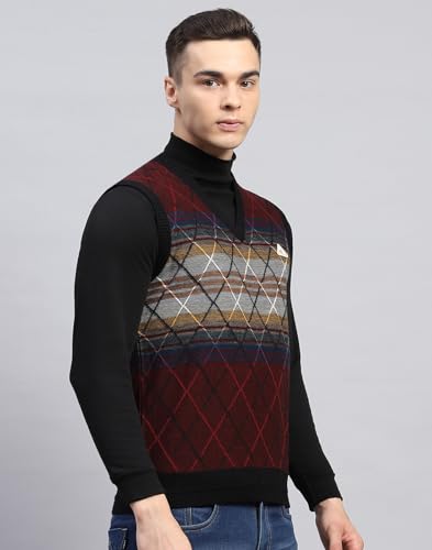 Monte Carlo Mens Self Design Maroon V Neck Sleeveless Sweater (1243215SL-2-44)