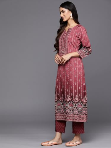 Women's Maroon Printed Cotton Kurta With Pant And Dupatta