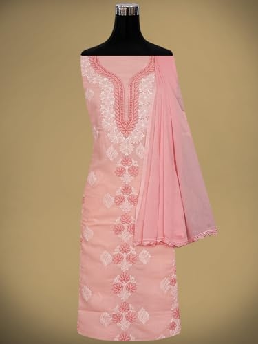 Ada Hand Embroidered Lucknowi Chikankari Unstitched Cotton Dress Material Suit Piece with Dupatta for Women 01A873293 Peach