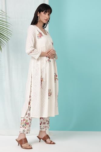 W for Woman White Floral Printed Textured Cotton Gathered Kurta, Pants and Dupatta Set (Size: 2XL)-WS11620-222350