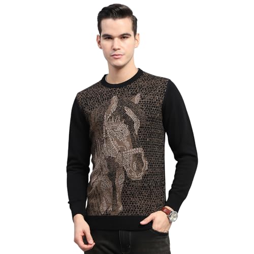 Monte Carlo Mens Black Self Design Round Neck Full Sleeve Pullover - 1243242RN-1-42