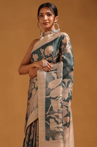 Soch Womens Teal Blue Tussar Floral Printed Saree