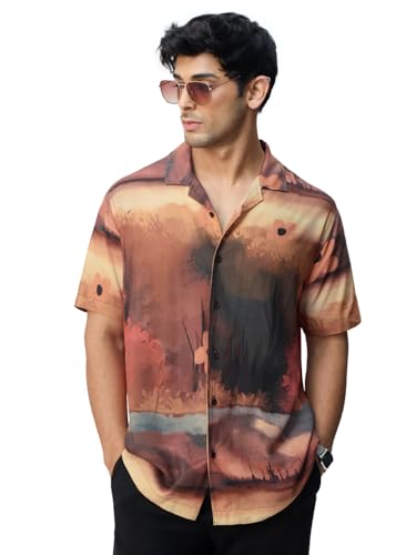 The Souled Store Hawaiian Shirt: Autumn Men and Boys Short Sleeves Collared Neck Button Front Brown All Over Printed Rayon Regular Fit Lightweight Casual Holiday Shirts