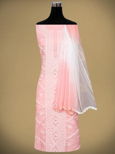 Ada Hand Embroidered Lucknowi Chikankari Unstitched Cotton Dress Material Suit Piece with Dupatta for Women 01A869352 Peach