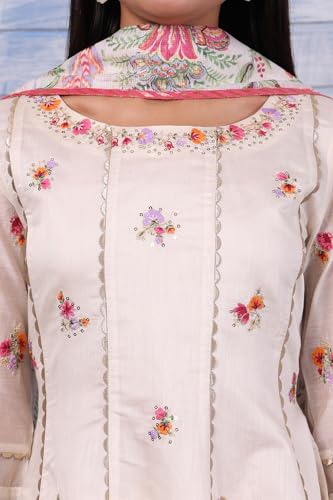 W for Woman White Embroidered Printed Chanderi Flared Kurta, Palazzo and Dupatta Set (Size: M)-WS12936-223833