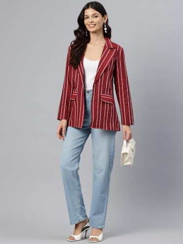 Cottinfab Women Maroon & White Striped Single-Breasted Pure Cotton Casual Blazer
