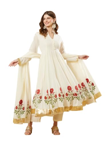 Divena White Cotton Hand Block Anarkali Kurta Sets with Dupatta
