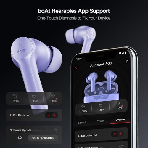 boAt Airdopes 300, Cinematic Spatial Audio, 50H Battery, 4Mic AI ENx, Fast Charge, App Support, Low Latency, IPX4, v5.3 Bluetooth Earbuds, TWS in Ear Earbuds Wireless Earphones with mic (Purple Haze)