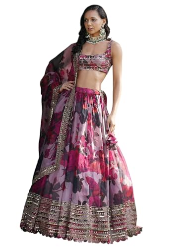 Zeel Clothing Women's Print and Sequins Embroidered Organza Lehenga Choli With Dupatta (7067-Pink-Women-Lehenga-Choli-Set, Free size) (Pink)