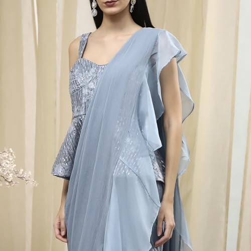 Biba Women Ice Blue Peplum Pre-Draped Saree_36