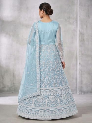 JULEE Women's Net Embroidered Semi-Stitched Gown Cross Gown Firozi-GEM