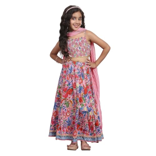 Biba Girl's Pink Viscose Short Top Lehenga Set