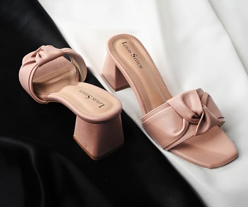 LOUIS STITCH Women’s Fashion Slip-On Block Heel Sandals | Open Toe Stylish Bow Strap Peach Pink Mule Heel Sandal for Ladies, Fashionable and Comfortable Sandal | LSOF-LDBH-KSPE | UK-5