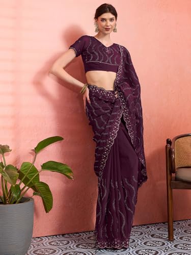 AKHILAM Women's Wine Tissue Geometric Printed Saree With Unstitched Blouse Piece (KRIYNS4905_KH)